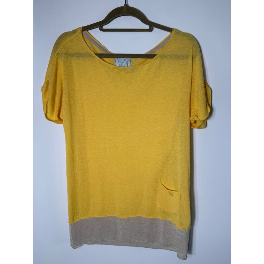 Michael Stars Sz 2 Linen Blend Butter Yellow Pocket Lagenlook Tunic Top EUC